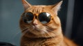 Closeup portrait of ginger cat wearing sunglasses. Generative AI