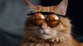 Closeup portrait of ginger cat wearing sunglasses. Generative AI