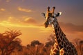 Closeup portrait giraffe on blue sky background looking down