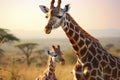 Closeup portrait giraffe and child giraffe on blue sky background looking down