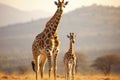 Closeup portrait giraffe and child giraffe on park background looking down