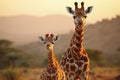 Closeup portrait giraffe and child giraffe on park background looking down