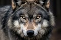 Closeup portrait of grey wolf with yellow eyes in the forest. A Grey Wolf staring close up portrait, AI Generated Royalty Free Stock Photo