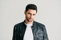 Closeup portrait of handsome trendy man posing on white studio background Royalty Free Stock Photo