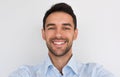 Closeup portrait of happy handsome young male smiling with healhty toothy smile looking at the camera, making self portrait. Royalty Free Stock Photo