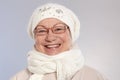 Closeup portrait of happy old woman at winter Royalty Free Stock Photo