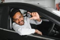 Closeup portrait happy, smiling, young man, buyer showing keys of his new car Royalty Free Stock Photo
