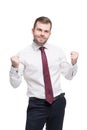 Closeup portrait of happy successful student, business man winning, fists pumped celebrating success. Royalty Free Stock Photo