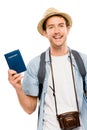 Closeup portrait of happy tourist photographer man on white