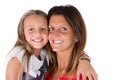 Closeup portrait of happy white mother and young daughter isolated on white wall in Happy family people concept Royalty Free Stock Photo