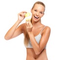 Closeup portrait of a happy woman with apples Royalty Free Stock Photo