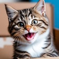 Closeup Portrait of a Happy Young Cat with a Funny Smile on Cardboard, Blue Background Royalty Free Stock Photo