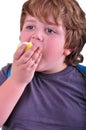 Closeup portrait of kid eating an apple Royalty Free Stock Photo