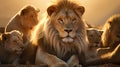 Closeup portrait of lion pride family in african savanna with adults and young