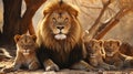 Closeup portrait of lion pride family in african savanna with adults and young