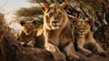 Closeup portrait of lion pride family in african savanna with adults and young Royalty Free Stock Photo