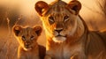 Closeup portrait of lion pride family in african savanna with adults and young Royalty Free Stock Photo