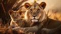 Closeup portrait of lion pride family in african savanna with adults and young