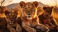 Closeup portrait of lion pride family in african savanna with adults and young