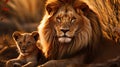 Closeup portrait of lion pride family in african savanna with adults and young