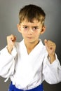 Closeup portrait of little boy training karate Royalty Free Stock Photo