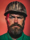 Closeup portrait of male builder in protective clothing and helmet. Construction worker in hard hat. Serious bearded man Royalty Free Stock Photo