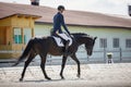 Man rider and black stallion horse walking during equestrian dressage competition in summer Royalty Free Stock Photo