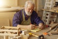 Closeup portrait of pensioner sitting in room with wooden materials