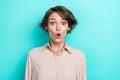 Closeup portrait photo of young funny shocked pretty bob brown hair businesswoman pouted lips speechless cant believe Royalty Free Stock Photo