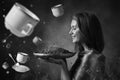 Closeup portrait of pretty girl hold hot roasted coffee beans in Royalty Free Stock Photo