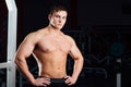 Closeup portrait of professional bodybuilder workout with barbell at gym. Confident muscular man training . Looking Royalty Free Stock Photo