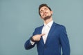 Closeup portrait of proud man pointing finger himself Royalty Free Stock Photo