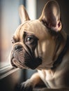 closeup portrait of a sad french bulldog near window. AI generative