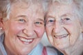 Closeup portrait, senior woman friends and smile together for friendship, bonding or love on face. Elderly best friends Royalty Free Stock Photo