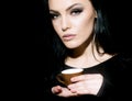 Closeup portrait of sensual brunette young woman drinking cup of coffee Royalty Free Stock Photo