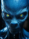 Closeup portrait shot of a blue alien with bright yellow eyes, AI-generated. Royalty Free Stock Photo