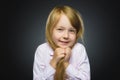 Closeup portrait shy girl isolated grey background Royalty Free Stock Photo