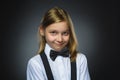 Closeup portrait shy girl isolated grey background Royalty Free Stock Photo