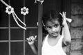 Closeup portrait of shy timid young pretty Indian girl child looking away. Shy concept. Royalty Free Stock Photo