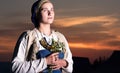 Closeup portrait of slavic woman from the past. Historical reconstruction