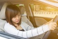 Closeup portrait sleepy, tired, close eyes young woman driving h