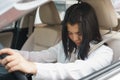 Closeup portrait sleepy, tired, close eyes young woman driving h