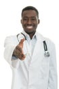 Closeup portrait smiling black healthcare professional doctor with stethoscope, giving handshake. Royalty Free Stock Photo