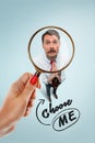 Closeup portrait of smiling, happy, surprised, young business man, on blue background. Royalty Free Stock Photo