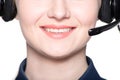 Closeup portrait of smiling support phone operator in headset Royalty Free Stock Photo