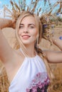 Closeup portrait of smiling young blond lady with Royalty Free Stock Photo