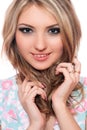 Closeup portrait of smiling young blonde. Isolated Royalty Free Stock Photo