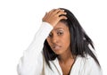 Closeup portrait stressed woman with headache holding head Royalty Free Stock Photo