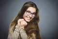 Closeup portrait successful happy girl grey background. Royalty Free Stock Photo