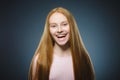 Closeup portrait successful happy girl grey background. Royalty Free Stock Photo